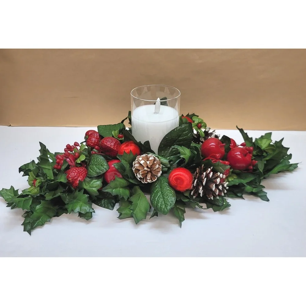 Vtg Christmas Faux Floral Candle Centerpiece Holly Pinecones/Apple/Strawberries